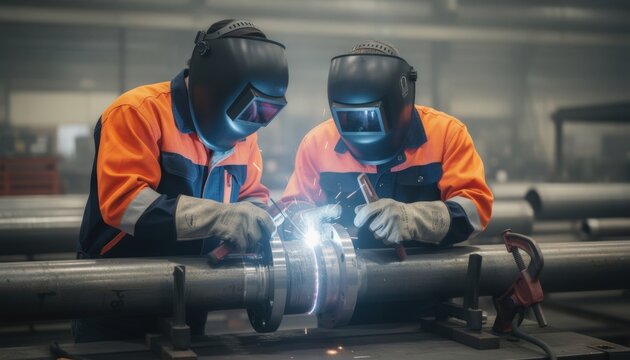 Medium shot capturing flange welding on carbon steel pipe highlighting teamwork and safety gear in industrial fabrication setting.