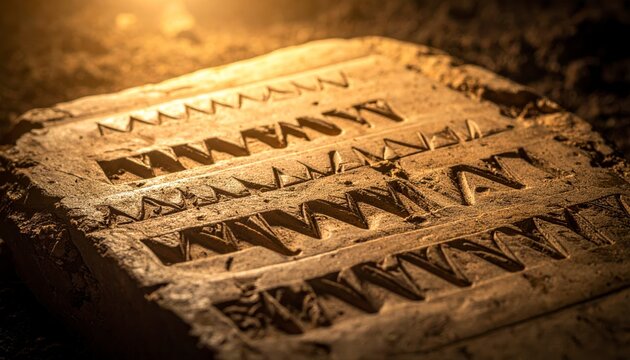 Close up of ancient cuneiform script meticulously carved into a weathered clay tablet, showcasing historical inscription.
