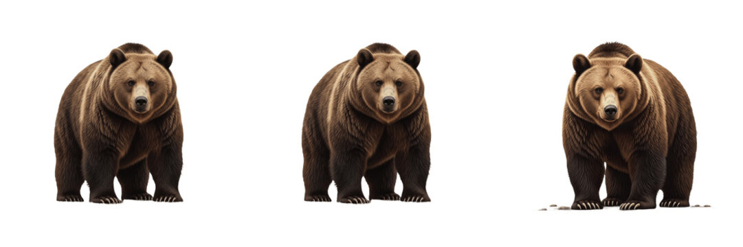 Set of three grizzly bears, brown bear collection isolated on white background, wildlife animal set