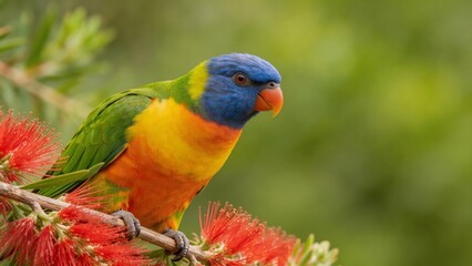 Fototapeta premium Colorful parrot perched on flower branch