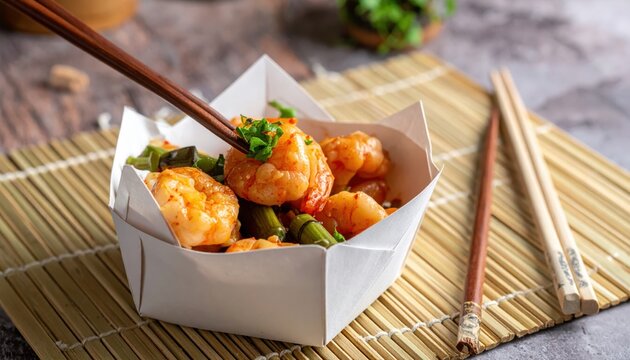 Hand folded Har Gow with plump shrimp and bamboo shoot morsels in a takeout box, photorealistic detail.