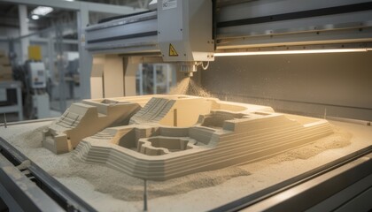 Fototapeta premium Medium shot of a 3D printer fabricating intricate machine nozzles with precision highlighting advanced additive manufacturing in industrial production.