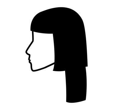 Hime cut hairstyle silhouette profile view, straight hair shape sharp line structure simple outline for icon, avatar, logo, minimal beauty, fashion graphic
