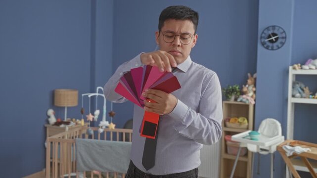 Man in shirt and tie holds pink and red color swatches and fans them with fingers while adjusting tie in a baby room inside a building; contemplation.