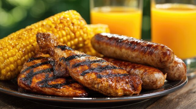 Grilled food assortment on plate with corn and orange juice close up