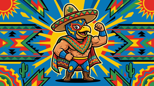 Cartoon luchador flexing muscles in sombrero with vibrant poncho and tribal Aztec pattern background illustration
