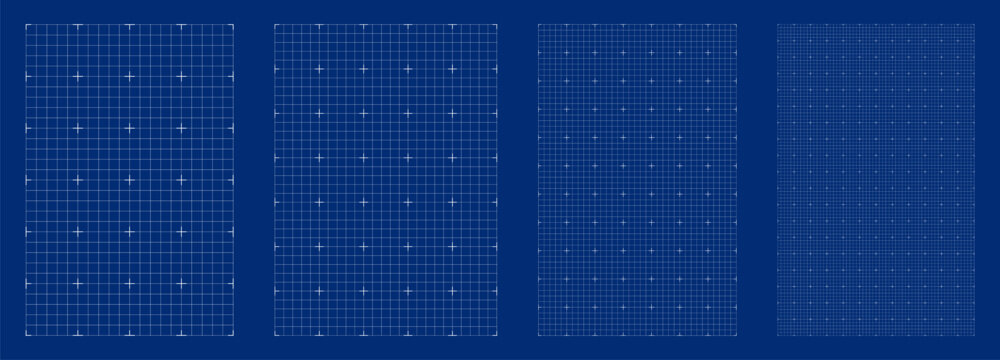 Blueprint grid set fine line geometry, four scale variations. Wide medium dense micro spacing comparison, engineering layouts dashboards notebook pages interface planning systems technology graphics.