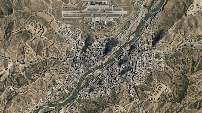 Aerial View of War Torn Cityscape with Destruction Smoke and Damage Aftermath