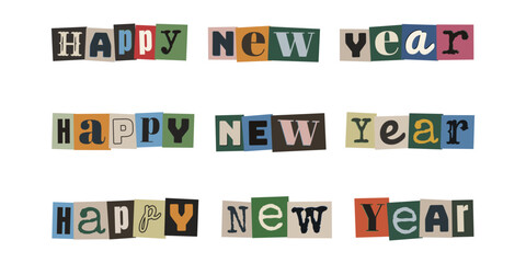 Fototapeta premium Ransom Note Style Happy New Year Text, Anonymous Letter Cutout Typography, Retro Collage Greeting