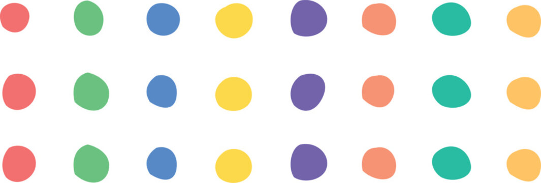 Hand-drawn colorful polka dot pattern vector, playful organic circle shapes in rainbow colors, seamless repeating dot background for kids branding