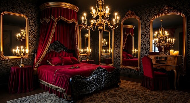 A luxurious bedroom with a large red bed and several gold-framed mirrors on the walls