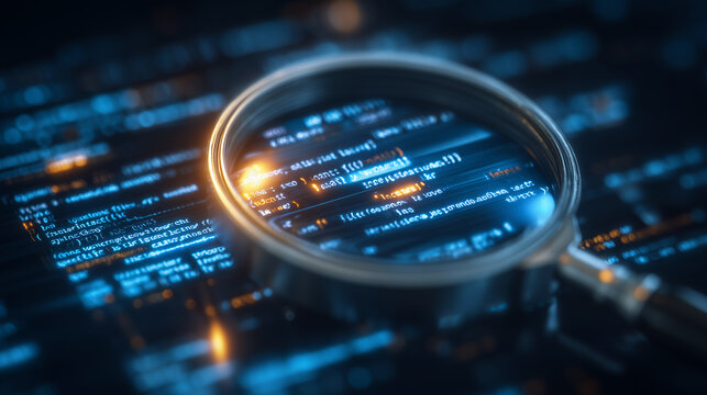 A magnifying glass over computer code representing software inspection, cybersecurity auditing, debugging processes, and precise analysis of digital systems.
