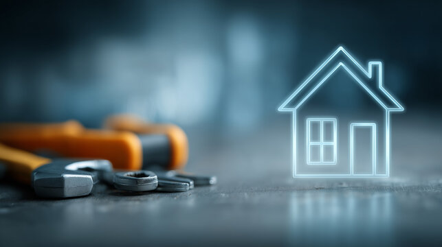 A house outline beside tools and keys, representing home maintenance, property services and residential repair solutions.
