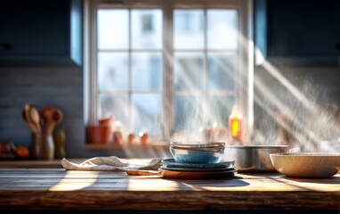 Fototapeta premium Morning Sunlight in a Cozy Kitchen with Steam Rising from Bowls