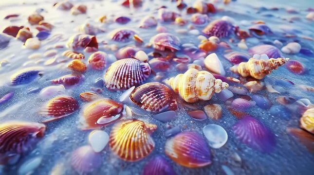 Vibrant Seashells Scattered on Wet Sand at Sunrise - A Close-Up Beach Scene with Warm Light and Coastal Beauty for Travel and Design Projects