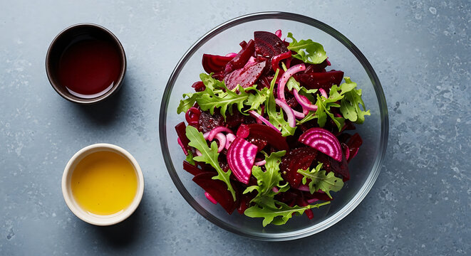 Fresh beet salad with arugula and red onion, dressed with olive oil and balsamic vinaigrette, served in a clear bowl, healthy eating concept