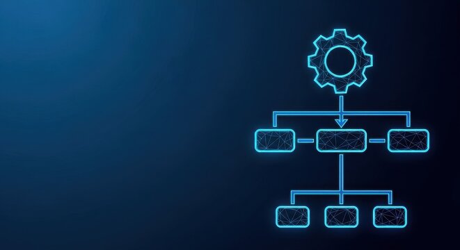 Digital flowchart with gear and interconnected boxes on dark blue background, representing business process and technology