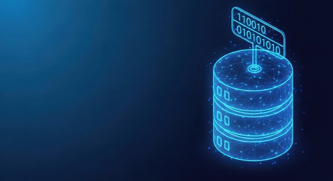 Glowing Neon Digital Database Stack with Binary Code Information Sign, Futuristic Data Storage Concept