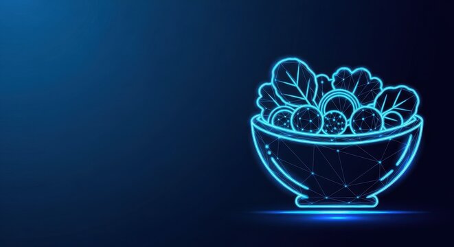 Glowing Neon Salad Bowl with Fresh Ingredients Presented on a Dark Digital Background
