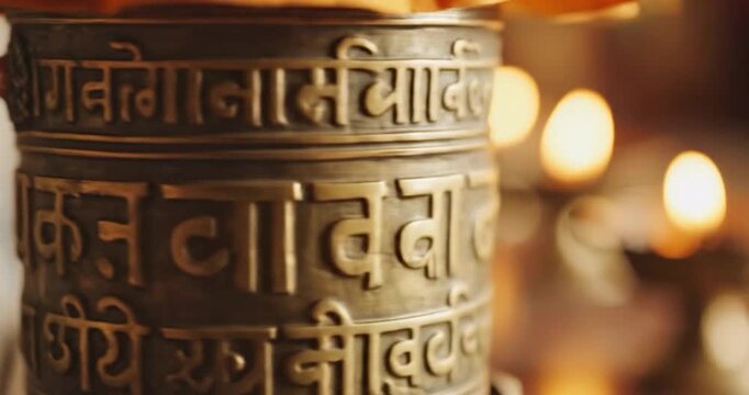 Traditional Tibetan prayer wheel rotating with Sanskrit mantra carving