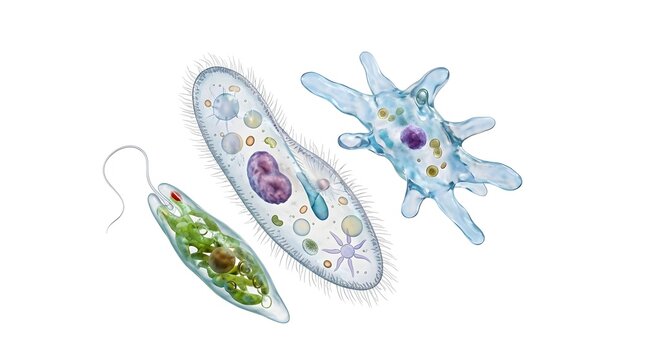 Hyper-Realistic 3D Render of Protozoa Microorganisms (Amoeba, Paramecium, Euglena)