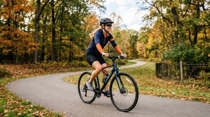 Fototapeta premium Cyclist Riding Bicycle on Winding Autumn Forest Path.