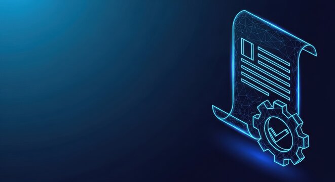 Digital glowing document scroll with legal text and signature outline on a dark blue gradient background