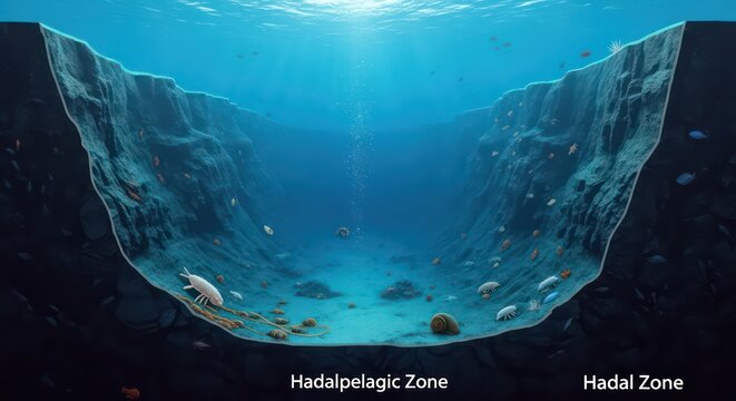 Deep Ocean Hadalpelagic Zone with Sunlight Rays and Fish.