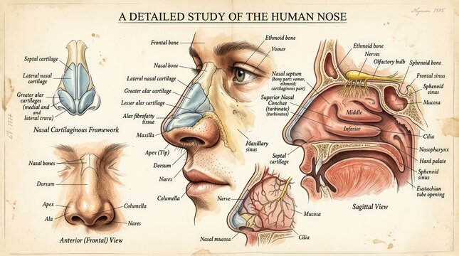 Detailed Anatomical Illustration of Human Nose Structure and Functions.