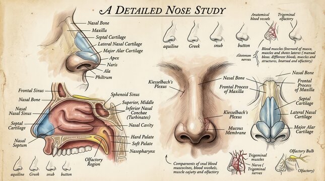 Detailed Anatomical Illustration of Human Nose Structure and Internal Features.