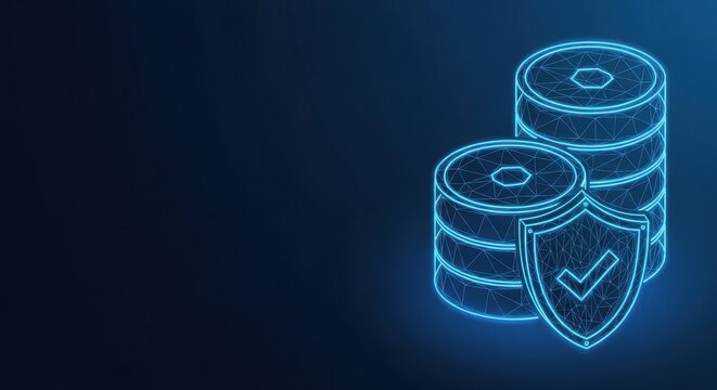 Secure data stacks with shield protection in glowing neon wireframe style