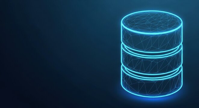 Glowing Blue Wireframe Database Symbol Representing Digital Data Storage and Technology