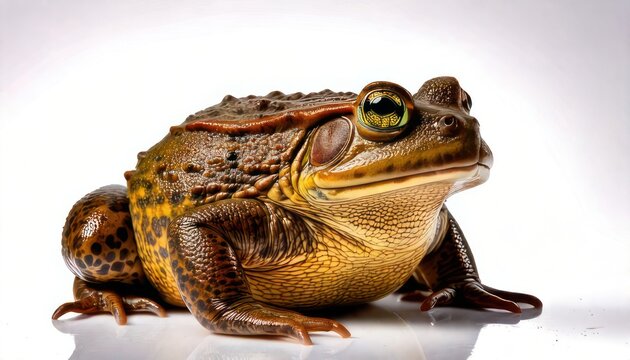 Large African Bullfrog Sitting on White Background in Studio.