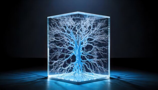 Lichtenberg figure in acrylic cube, illuminated with blue light.