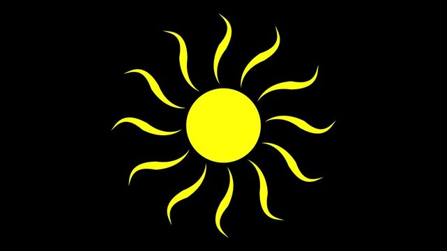 Yellow sun icon with wavy rays animated on a black background. High contrast solar symbol for weather and energy.