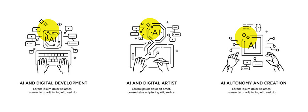 Set of illustrations concept with businessmen. technology, partnership, artificial intelligence business robot, cybes. linear illustration Icons infographics. Landing page site print poster. Line