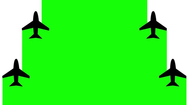 Airplanes flying upwards leaving a green screen trail transition. Aviation and travel concept with chroma key filling.