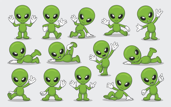 A group of green cartoon aliens are waving and running around with big eyes on their faces in various playful poses.
