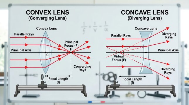 Diagram Comparing Convex Converging and Concave Diverging Lenses with Light Rays.