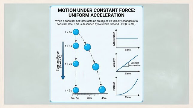 Diagram Illustrating Uniform Acceleration Under Constant Force in Physics.