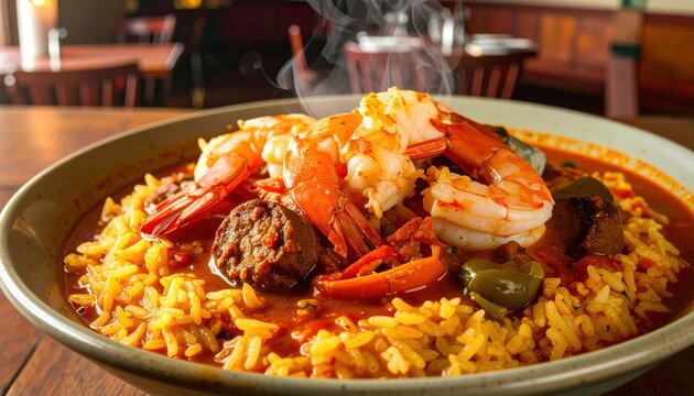 Steaming Bowl of Spicy Seafood Gumbo with Shrimp Crab and Sausage Served Over Fluffy Rice