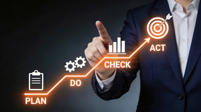 Business Growth and Management Concept with PDCA Cycle - Plan Do Check Act Strategy Infographic on Virtual Screen