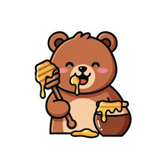 Naklejka premium Cute cartoon bear enjoying sweet honey from a pot.