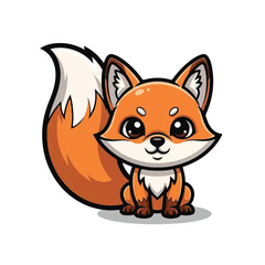 Fototapeta premium Cute cartoon fox with big eyes and bushy tail.