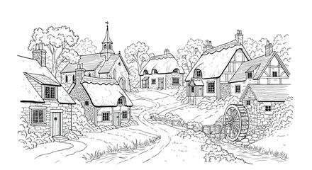 Naklejka premium Sketch of small village houses cluster