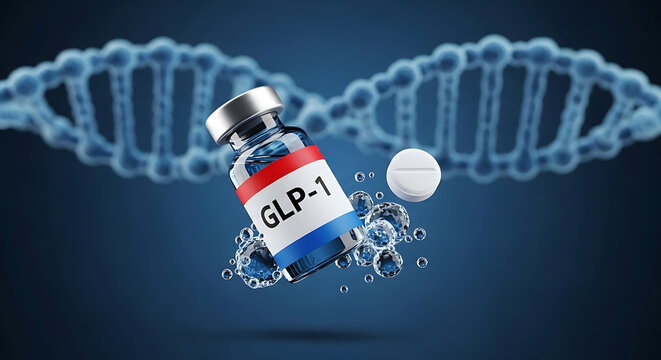 GLP-1 receptor agonist medication vial and tablet for diabetes treatment, genetic DNA helix background, pharmaceutical research, metabolic health and obesity control
