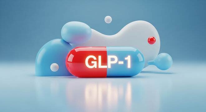 GLP-1 medication capsule with abstract fluid shapes, pharmaceutical concept, diabetes treatment, medical research, healthcare innovation