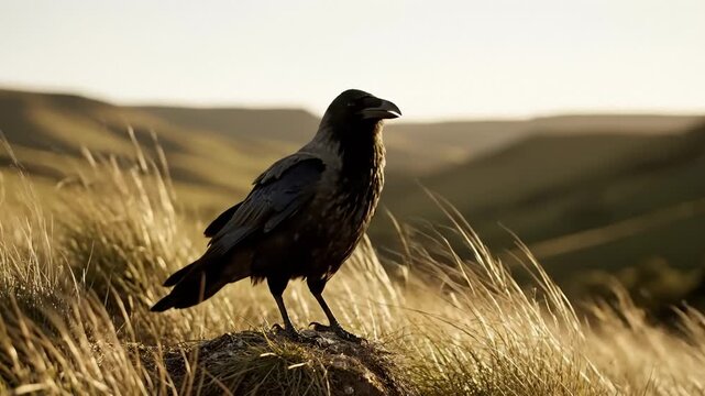 Raven Perched on Rocky Outcrop Amidst Golden Grasslands at Sunset