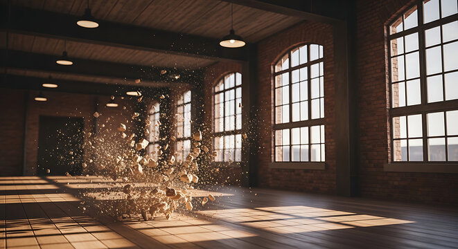 Industrial loft interior with crumbling brick wall, dust particles exploding outwards from impact, sunlit space with large windows, dramatic atmosphere, concept of destruction and renovation