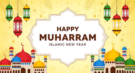 Naklejka premium Happy Muharram Islamic New Year, pixel art mosques and lanterns on a yellow textured background, celebration and holiday